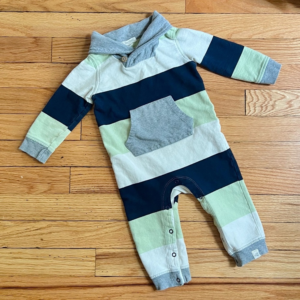 Burt’s Bees One Piece Striped Long Sleeve Outfit- Navy, Mint, Gray